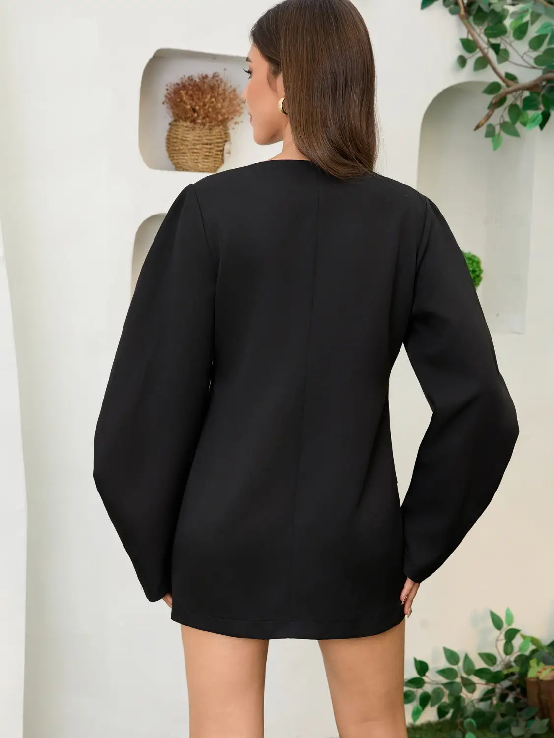 Chic Bubble Sleeve Suit Jacket with Buttoned Waist and Round Neck Dress, Autumn/Winter Fashionable Casual Dress
