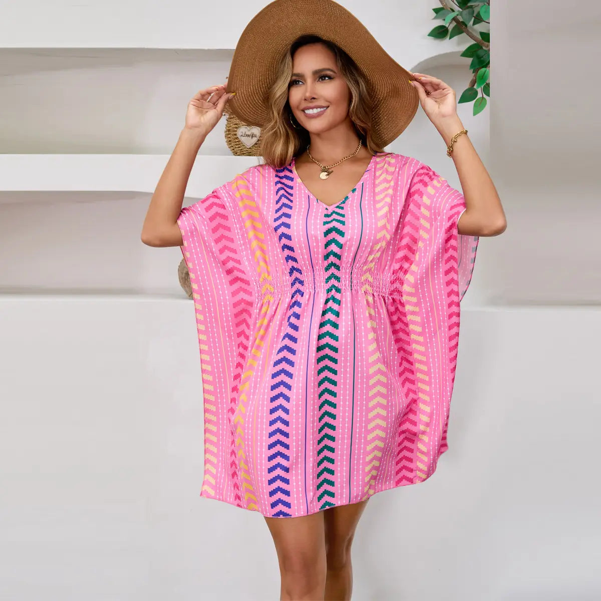 Bohemian Vacation Style Printed Sweet Dress V-Neck Kaftan