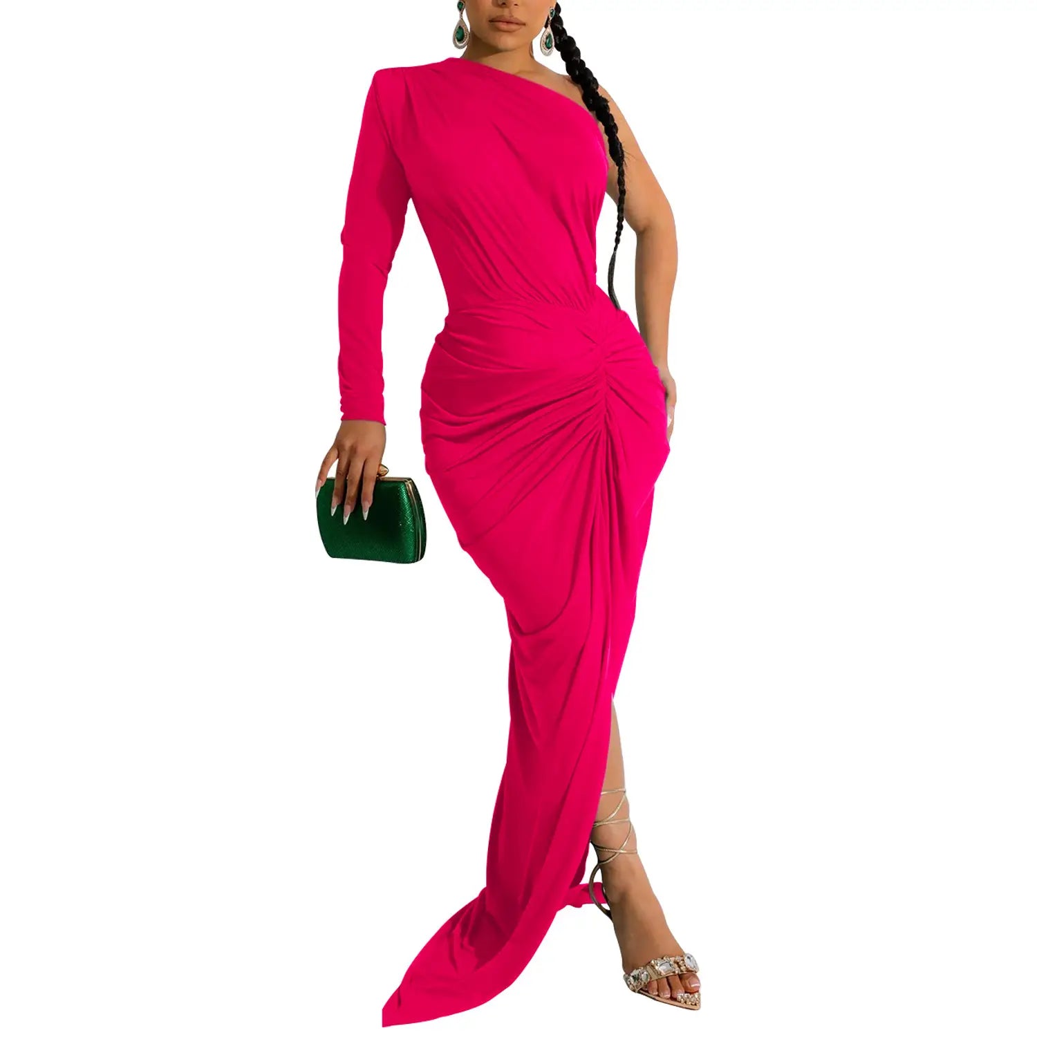 Fashion women’s solid color asymmetrical neck single long sleeve long dress with pleats