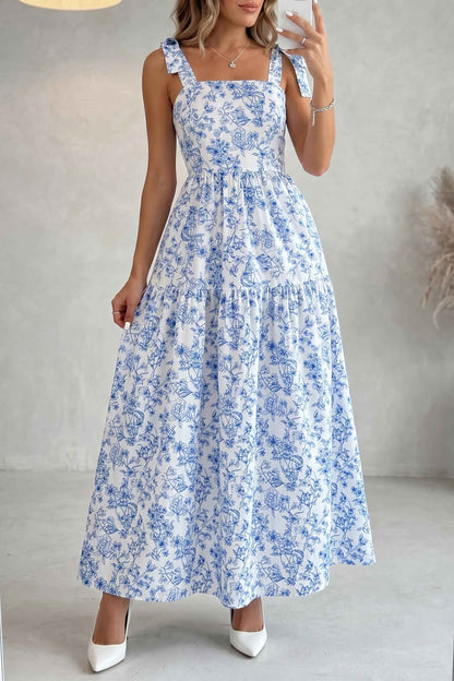 Sky Blue Floral Print Knot Straps High Waist Flared Maxi Dress