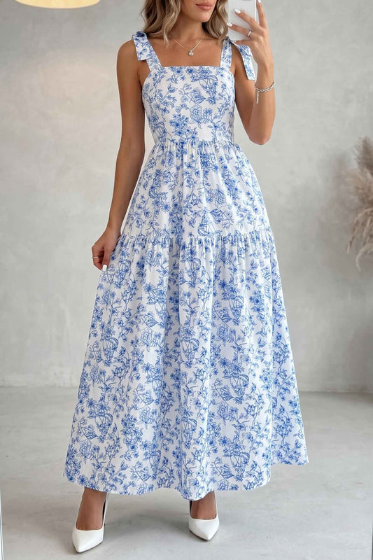 Sky Blue Floral Print Knot Straps High Waist Flared Maxi Dress