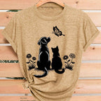 2026 Womens Chic Cat Dog Butterfly Print Summer Tee