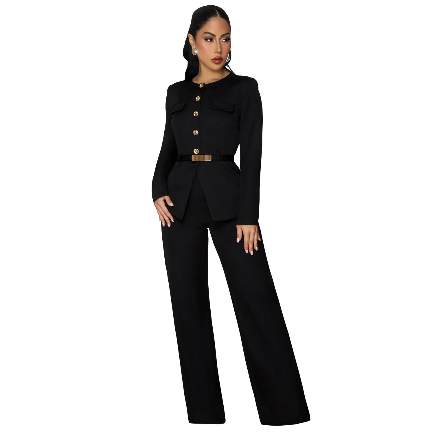 Fashionable women’s slimming belted top and pants set