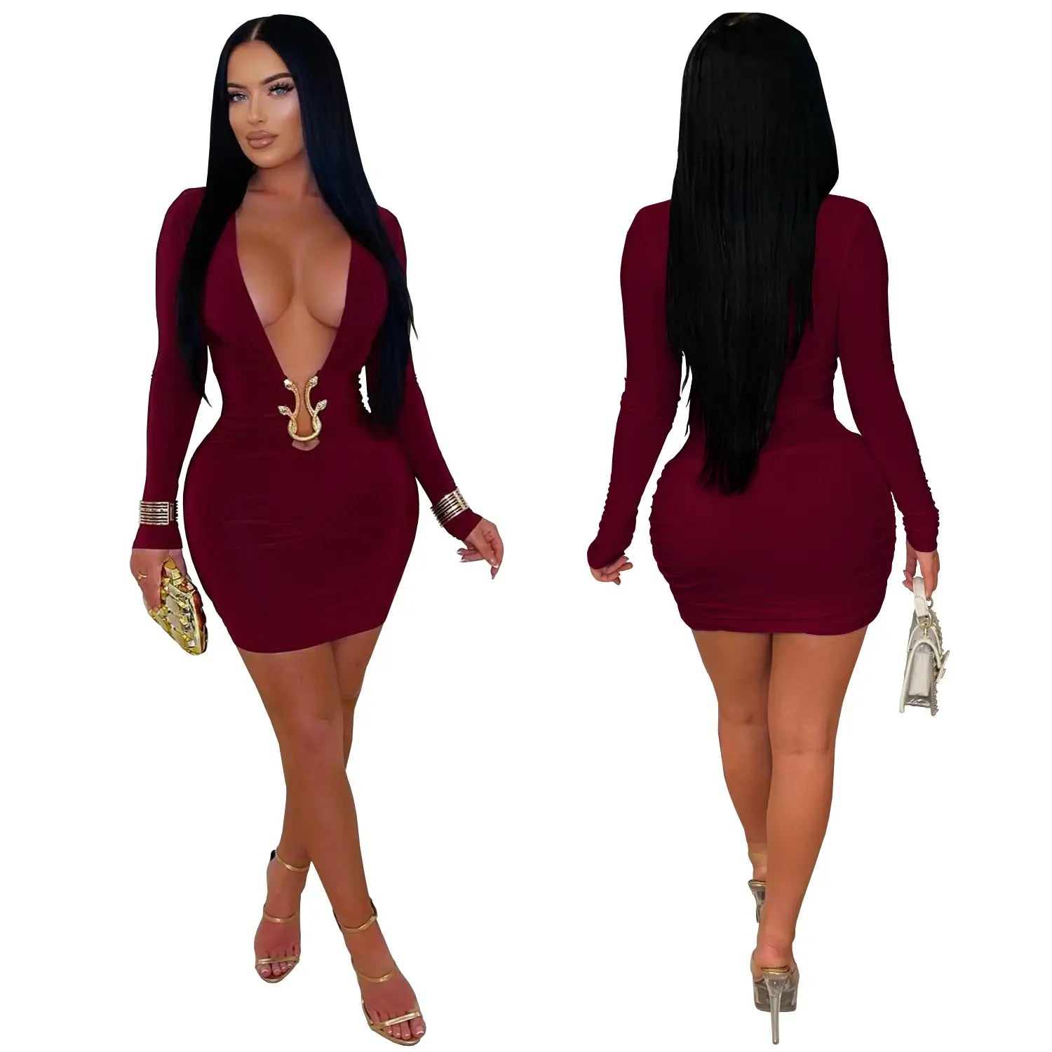 Fashionable women’s sexy deep v-neck bodycon dress with snake pattern accessories