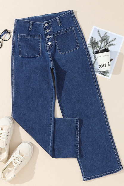 Gray High Waist Button Front Wide Leg Cropped Jeans