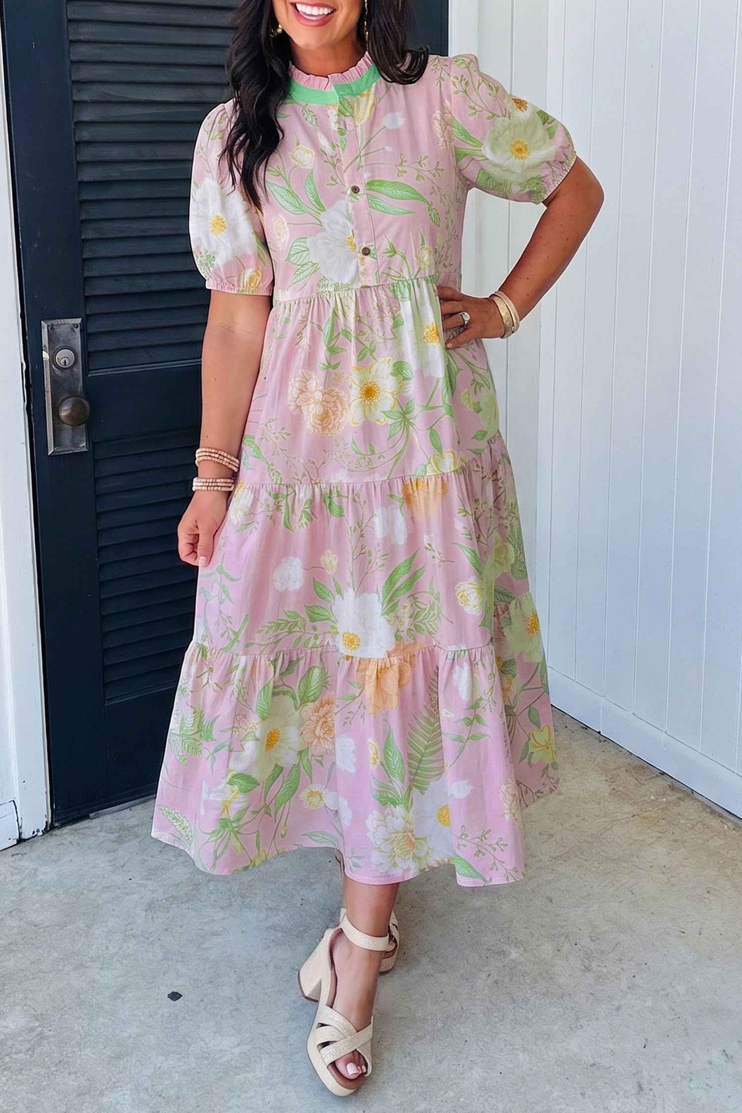Pink Floral Print Short Puff Sleeve High Waist Tiered Maxi Dress