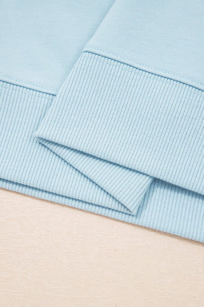 Mist Blue Solid Color Ribbed Trim Short Sleeve Top Drawstring Loose Pants 2pcs Outfit