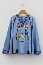Real Teal Floral Embroidered Split Neck Tassel Tie Puff Sleeve Blouse
