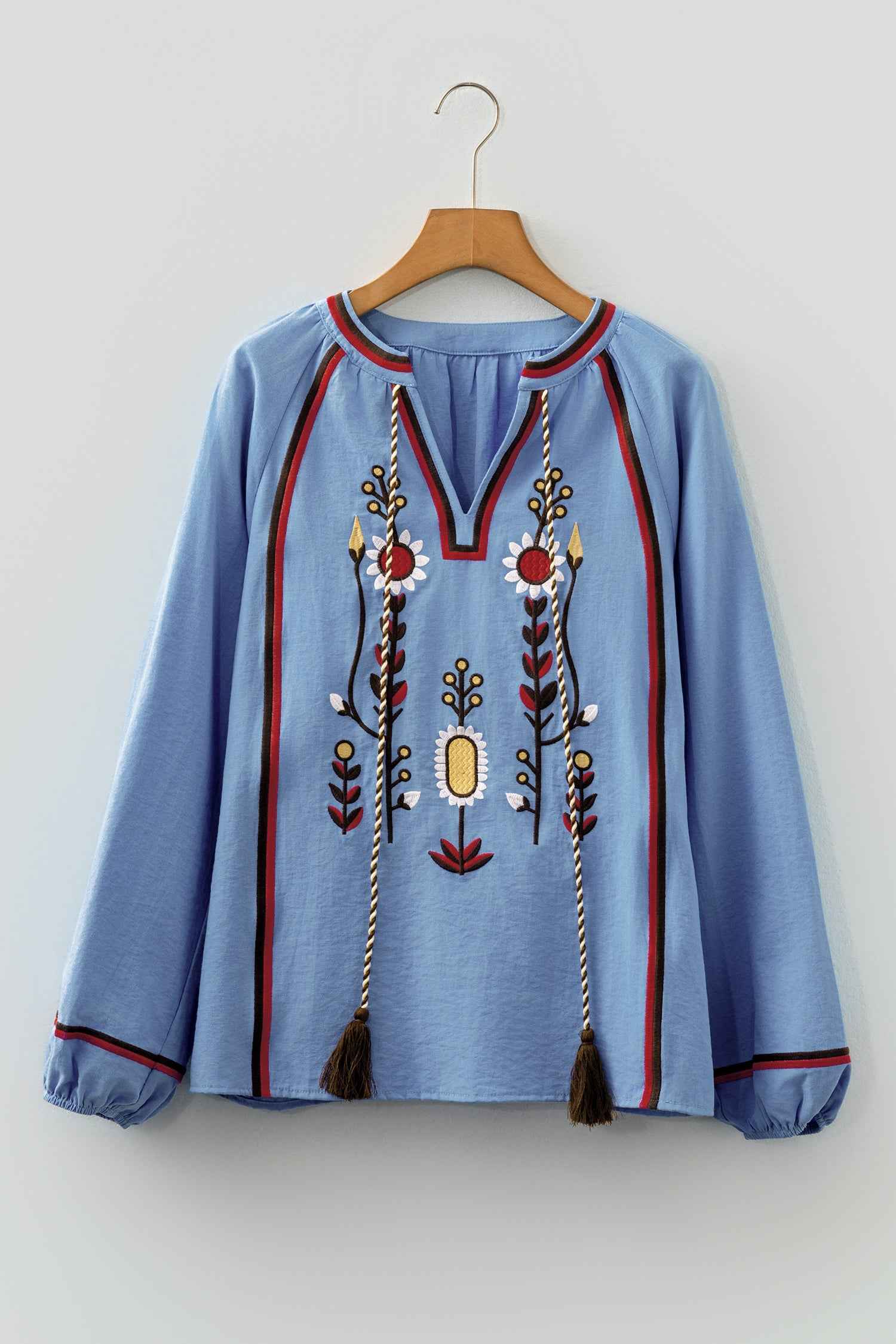 Real Teal Floral Embroidered Split Neck Tassel Tie Puff Sleeve Blouse