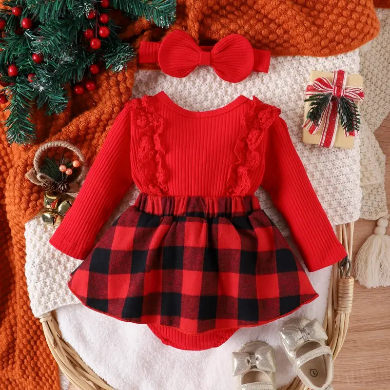 Baby girl christmas style pit stripe splicing lace plaid triangle bag fart jacket set