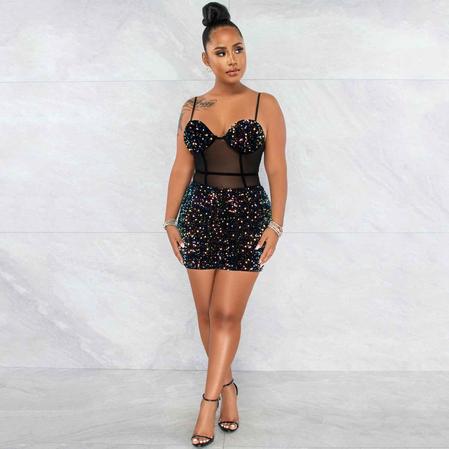 Fashion Sexy Sleeveless Sequin Mesh Sheer Zipper Midi Dress