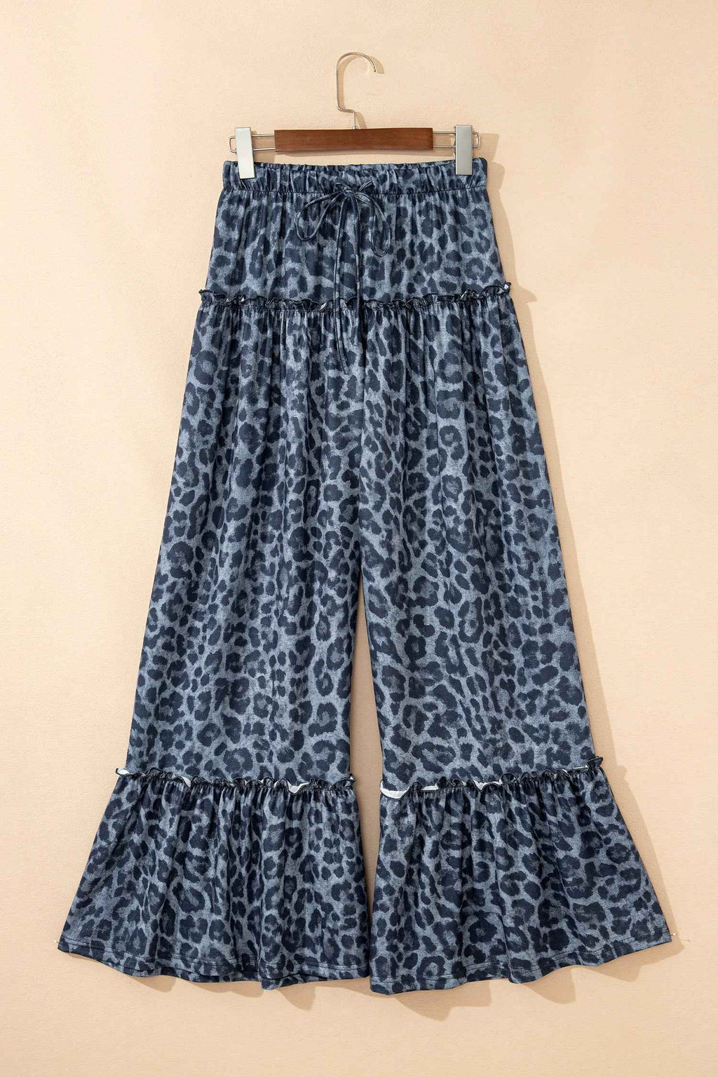 Gray Wild Leopard Print Frilled Detail Drawstring Wide Leg Pants