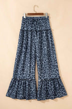 Gray Wild Leopard Print Frilled Detail Drawstring Wide Leg Pants