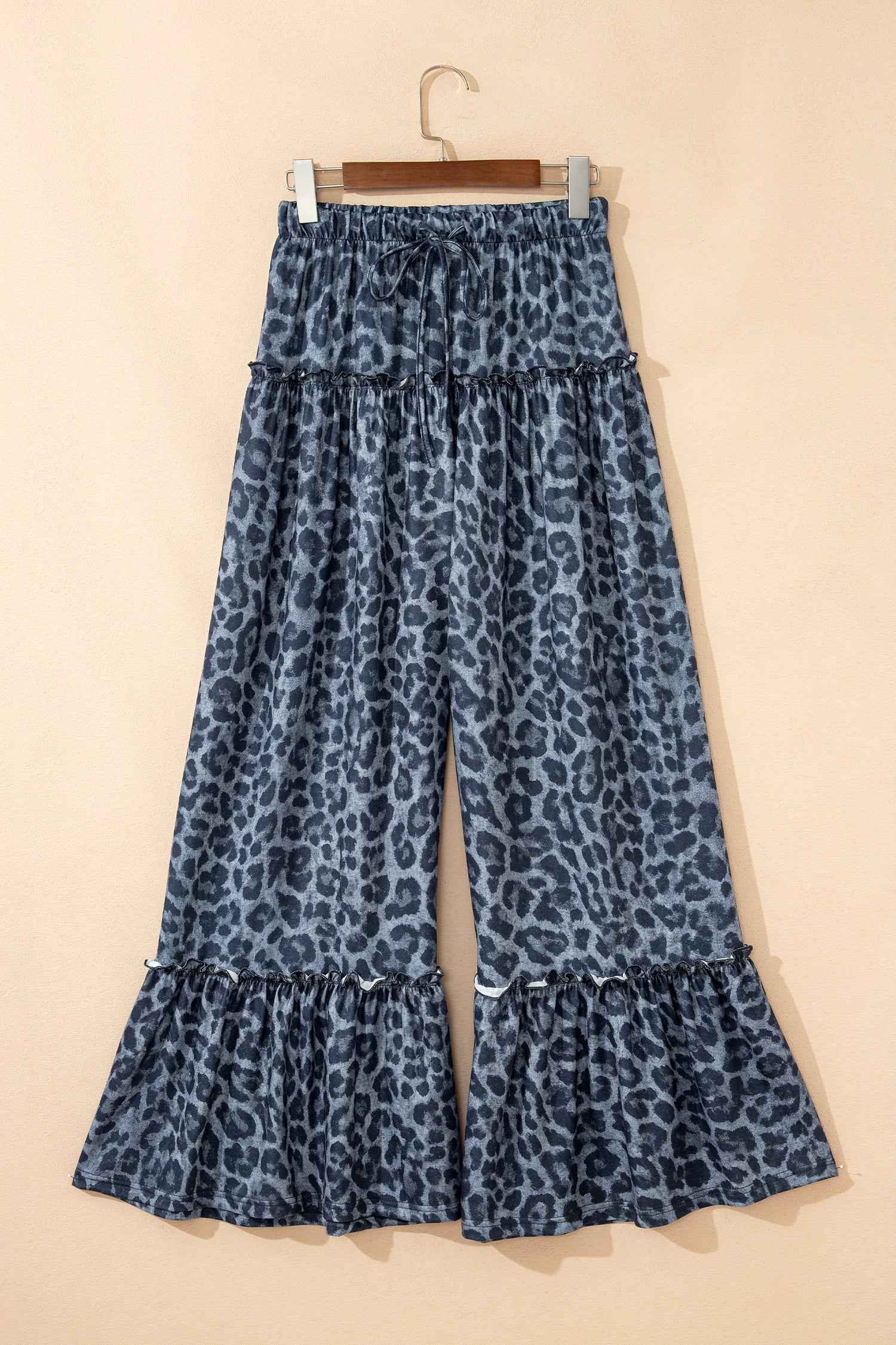 Gray Wild Leopard Print Frilled Detail Drawstring Wide Leg Pants