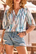 Apricot Floral Print Half Button Puff Sleeve Blouse