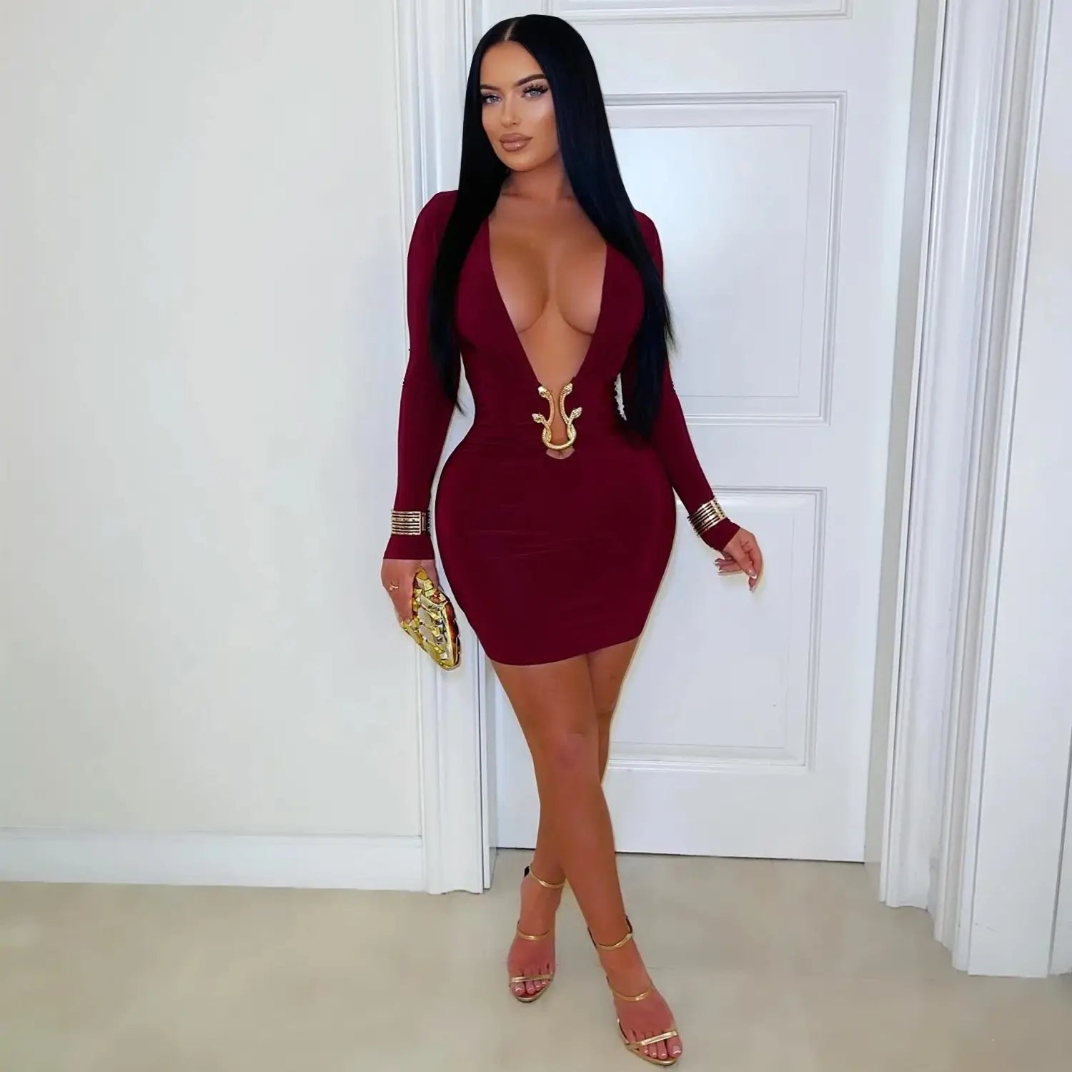 Fashionable women’s sexy deep v-neck bodycon dress with snake pattern accessories