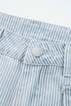 Sky Blue Striped Button Flap Pocket Cuffed Hem Wide Leg Jeans