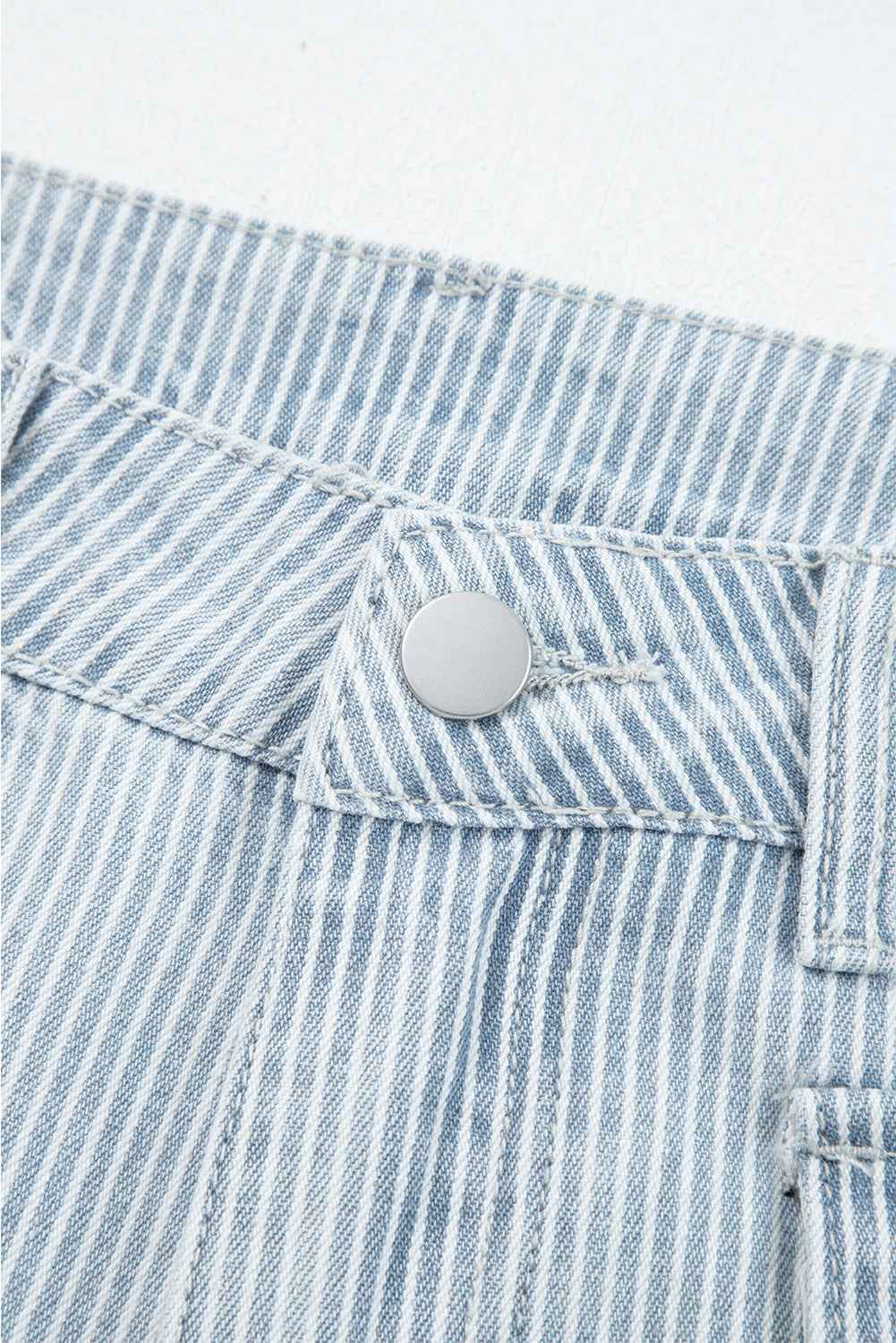 Sky Blue Striped Button Flap Pocket Cuffed Hem Wide Leg Jeans