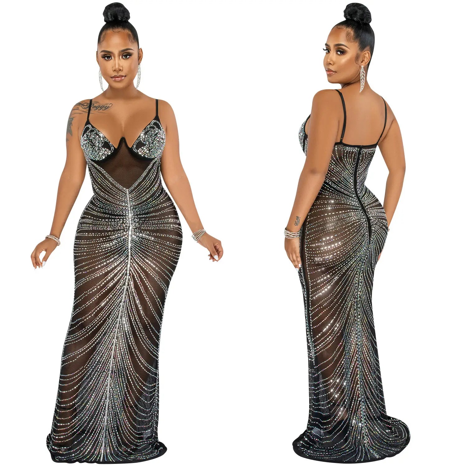 Fashion sexy beaded strapless sheer mesh long dress