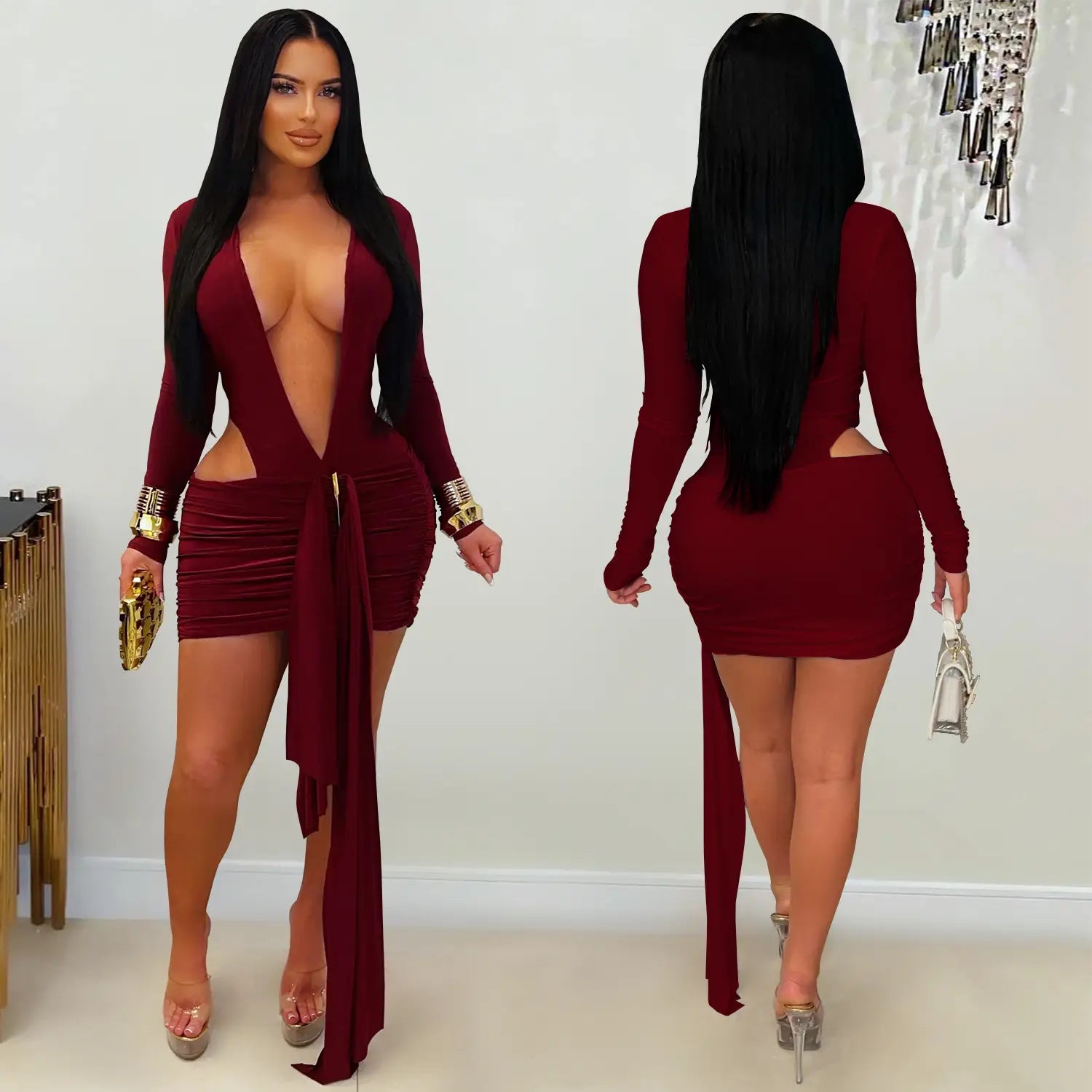 Fashion Women's Sexy Deep V Neck Solid Color Ribbon Dress Mini Dress