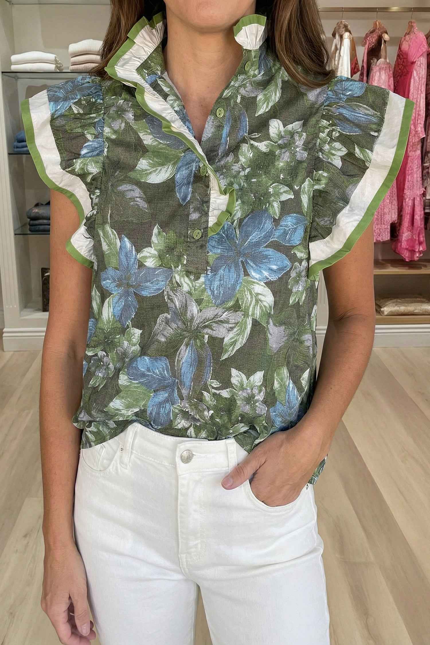 Green Ruffled Short Sleeve Floral Summer Blouse