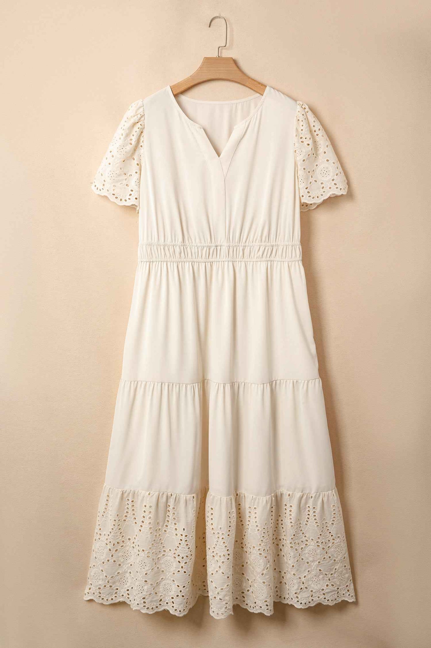 Apricot Plus Size V Neck Lacy Embroidery Patchwork Short Sleeve Maxi Dress