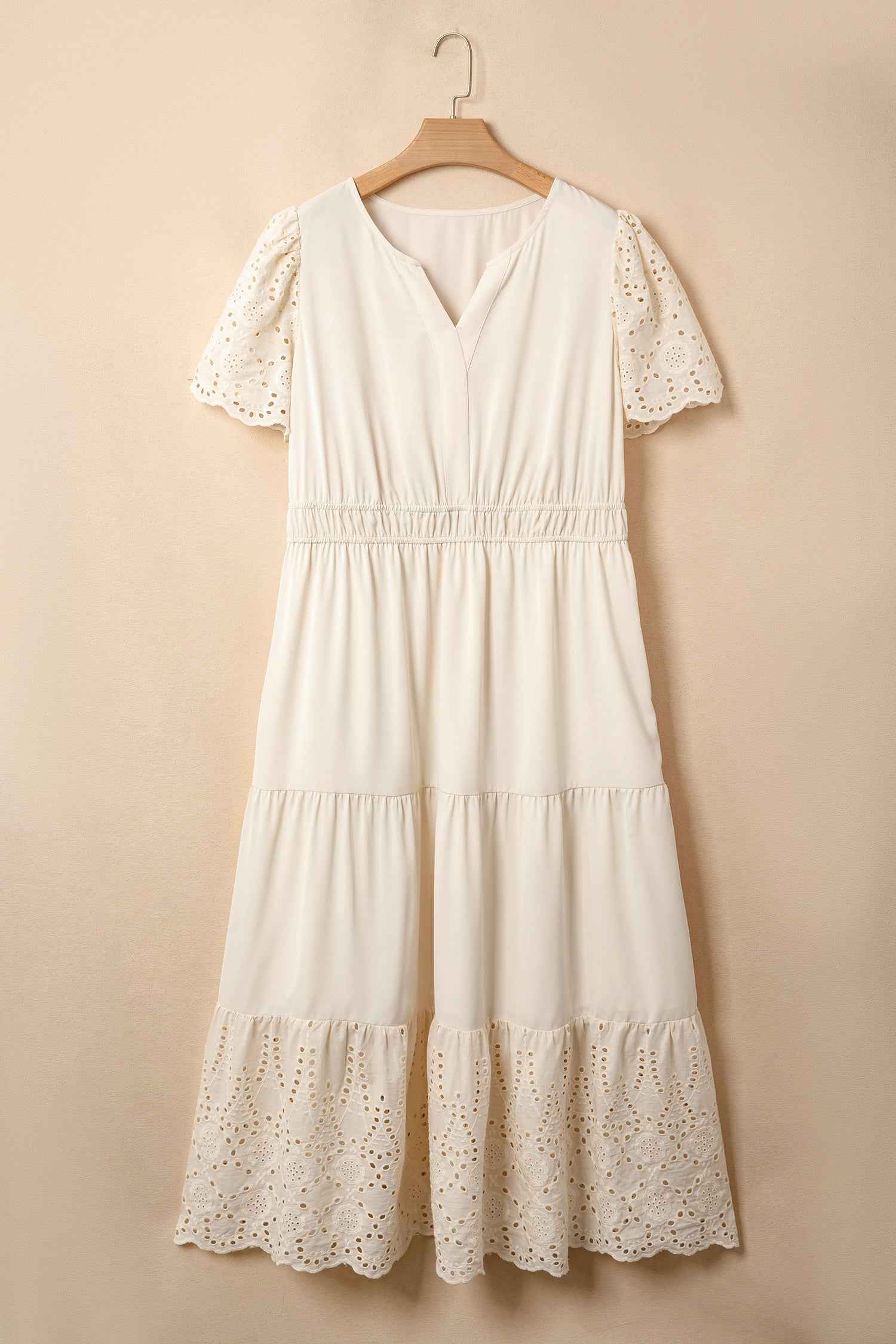 Apricot Plus Size V Neck Lacy Embroidery Patchwork Short Sleeve Maxi Dress