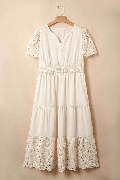 Apricot Plus Size V Neck Lacy Embroidery Patchwork Short Sleeve Maxi Dress