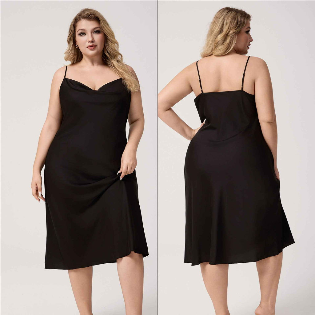 Plus Size Satin Nightdress for Women Summer One-Piece Plunge Neck Strap Loose Loungewear Sleepwear