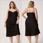 Plus Size Satin Nightdress for Women Summer One-Piece Plunge Neck Strap Loose Loungewear Sleepwear