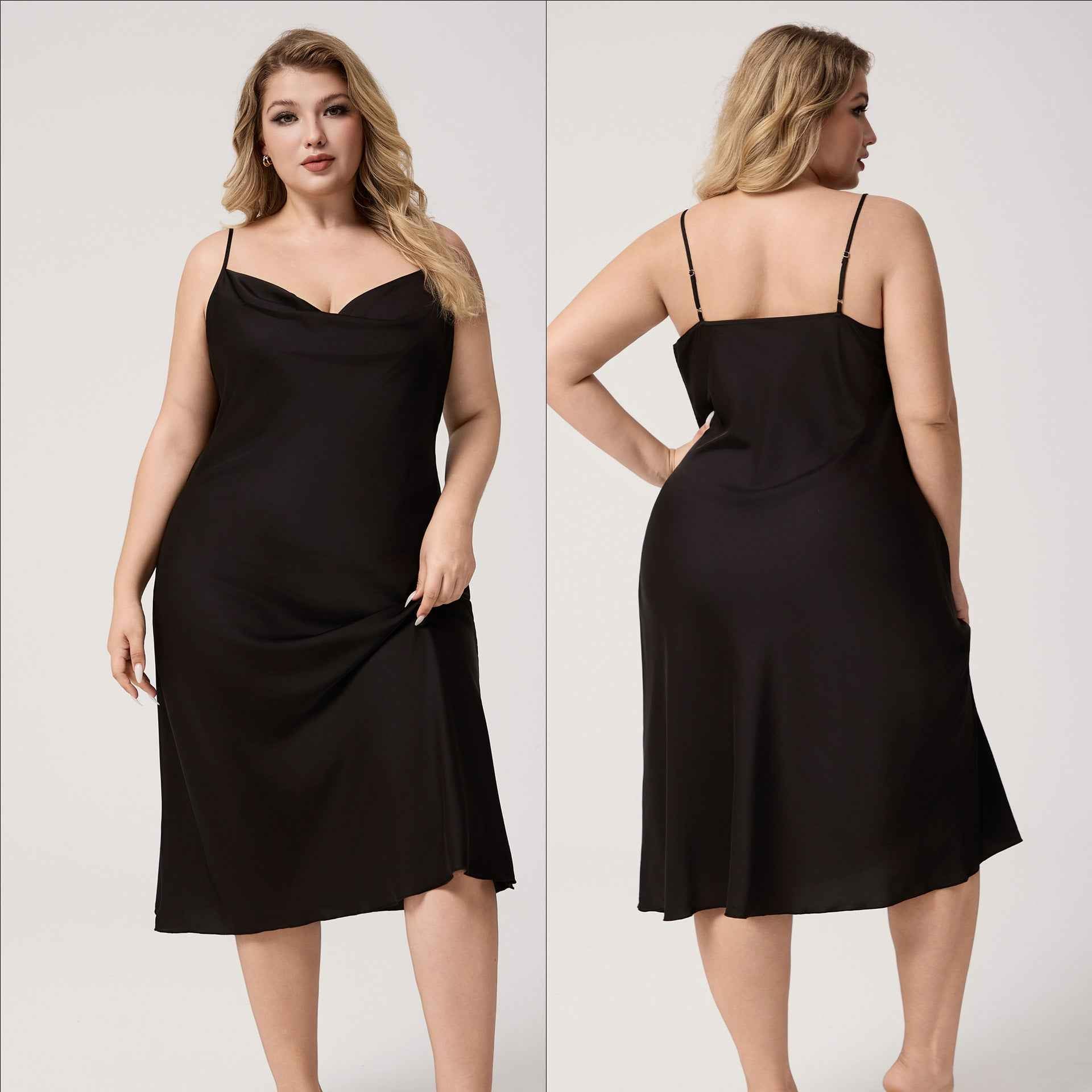 Plus Size Satin Nightdress for Women Summer One-Piece Plunge Neck Strap Loose Loungewear Sleepwear