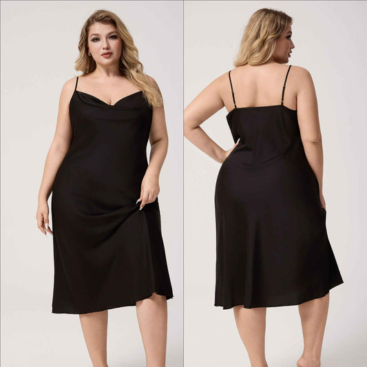 Plus Size Satin Nightdress for Women Summer One-Piece Plunge Neck Strap Loose Loungewear Sleepwear