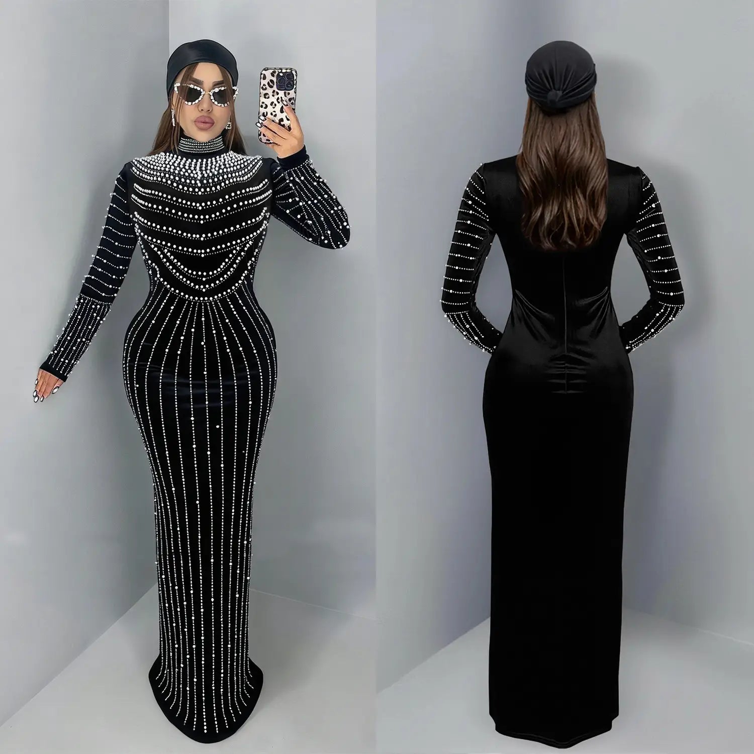 Elegant Velvet Embellished Long Sleeve Dress for Women Fashion Style Casual Occasion