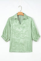 Strawberry Pink Collared V Neck Half Sleeve Metallic Top
