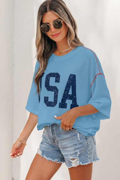 White USA Graphic Half Sleeve Loose Ribbed Top
