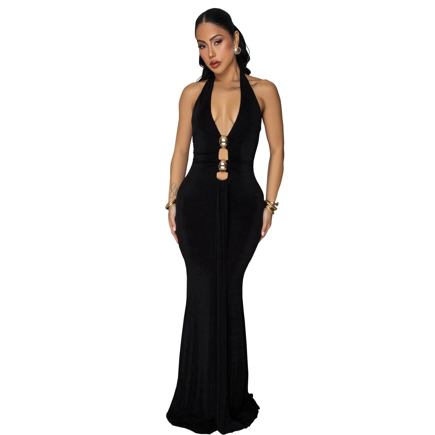 Fashion women’s sexy backless halter deep v neck solid color dress