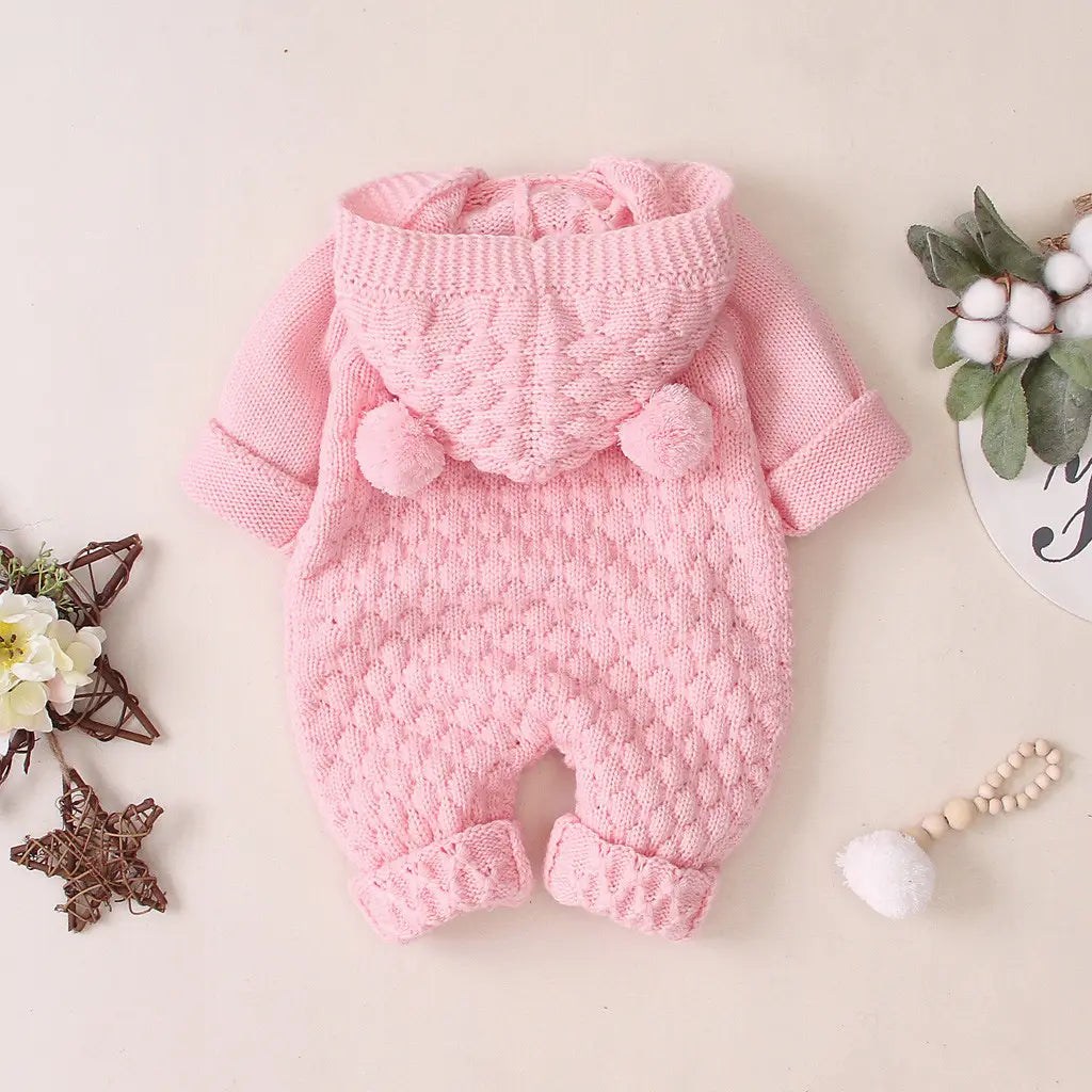 Children’s three-dimensional fur ball hooded solid color knitted jumpsuit