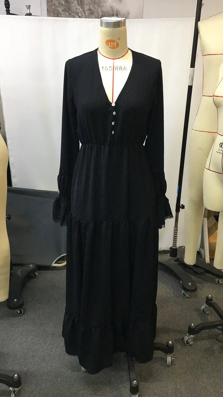 Western Rustic Solid Color Long Sleeve V-Neck Maxi Dress