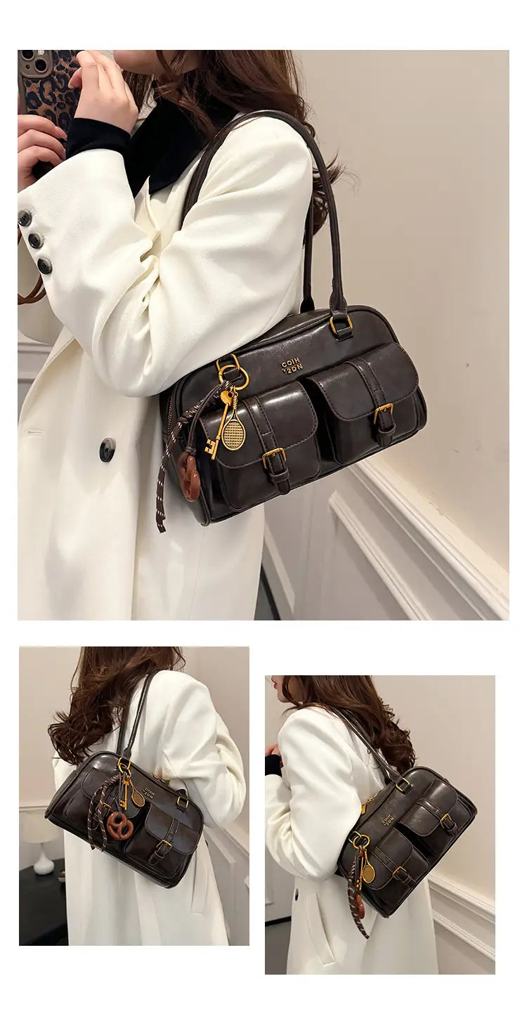 Korean-style retro shoulder bag fashion trendy casual boston bag stylish bowling bag
