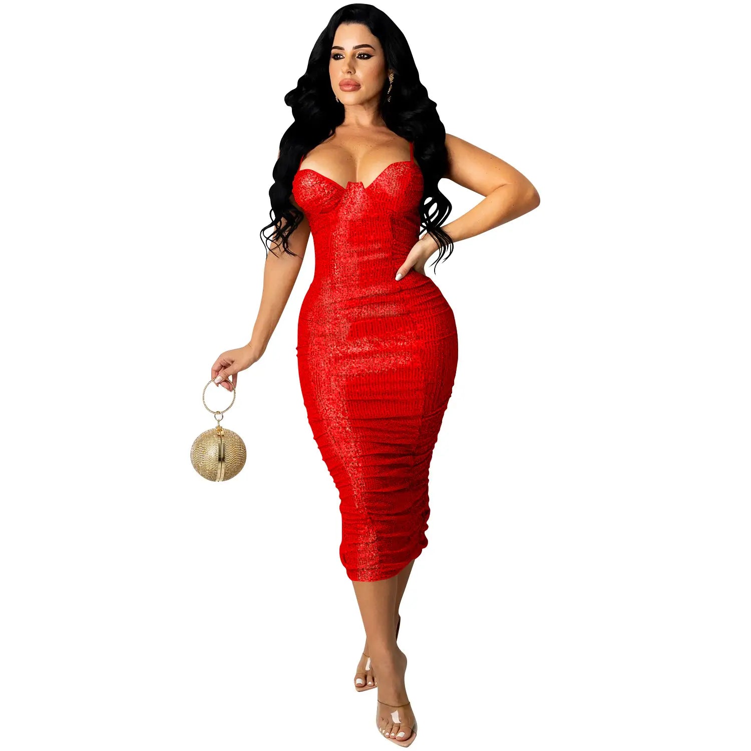 Fashionstyle sequin sexy strap split long dress for women
