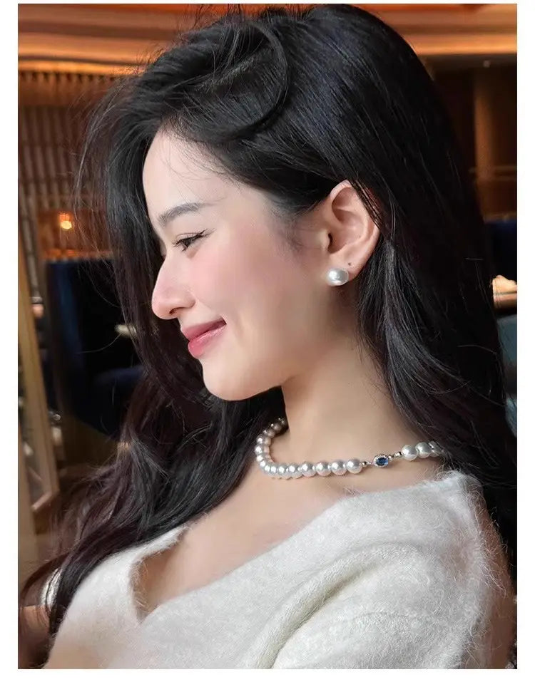 Natural mother-of-pearl pearl necklace silver blue gem clasp high luster premium quality pearl australian white necklace