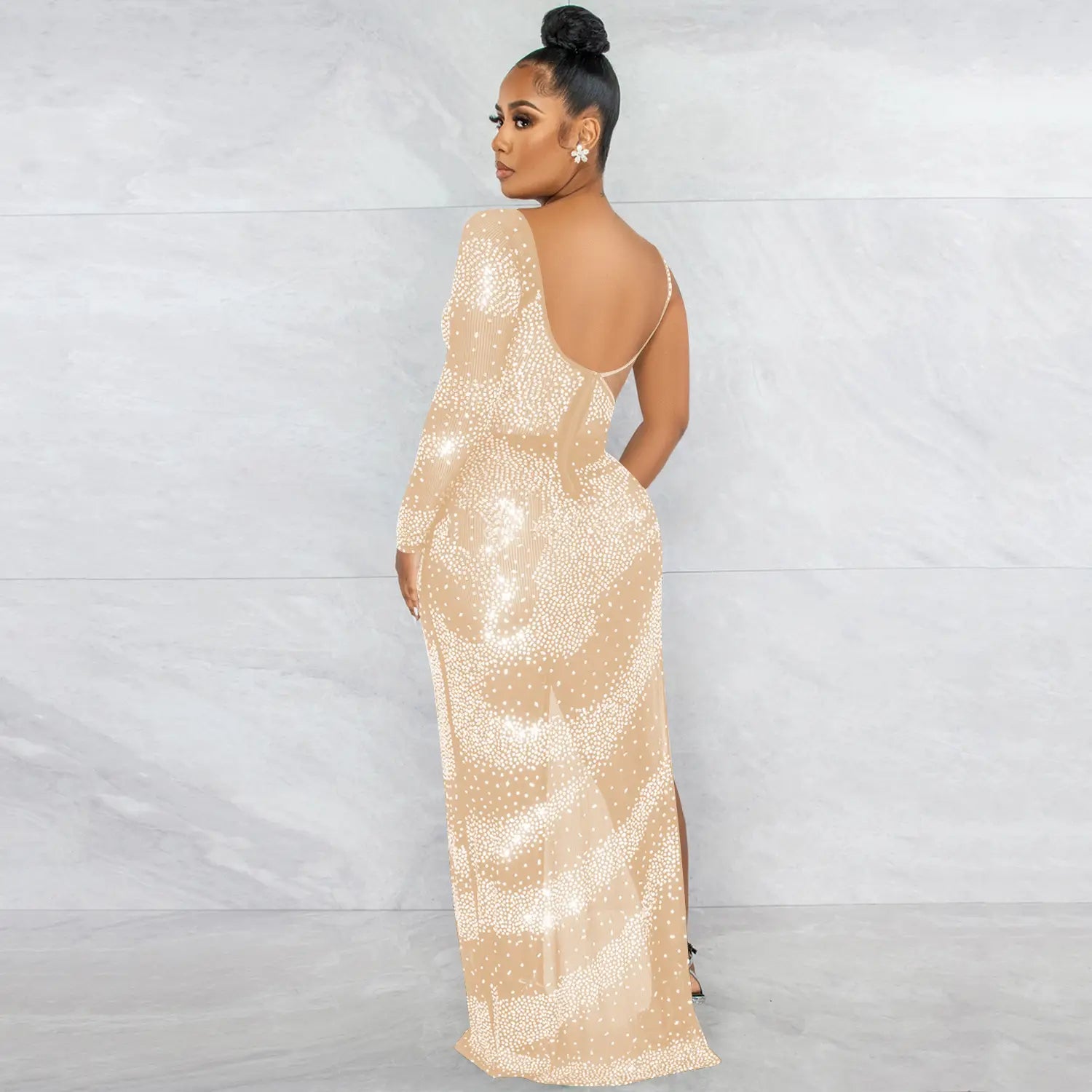 Fashion sexy nightclub rhinestone single long sleeve irregular slit maxi dress