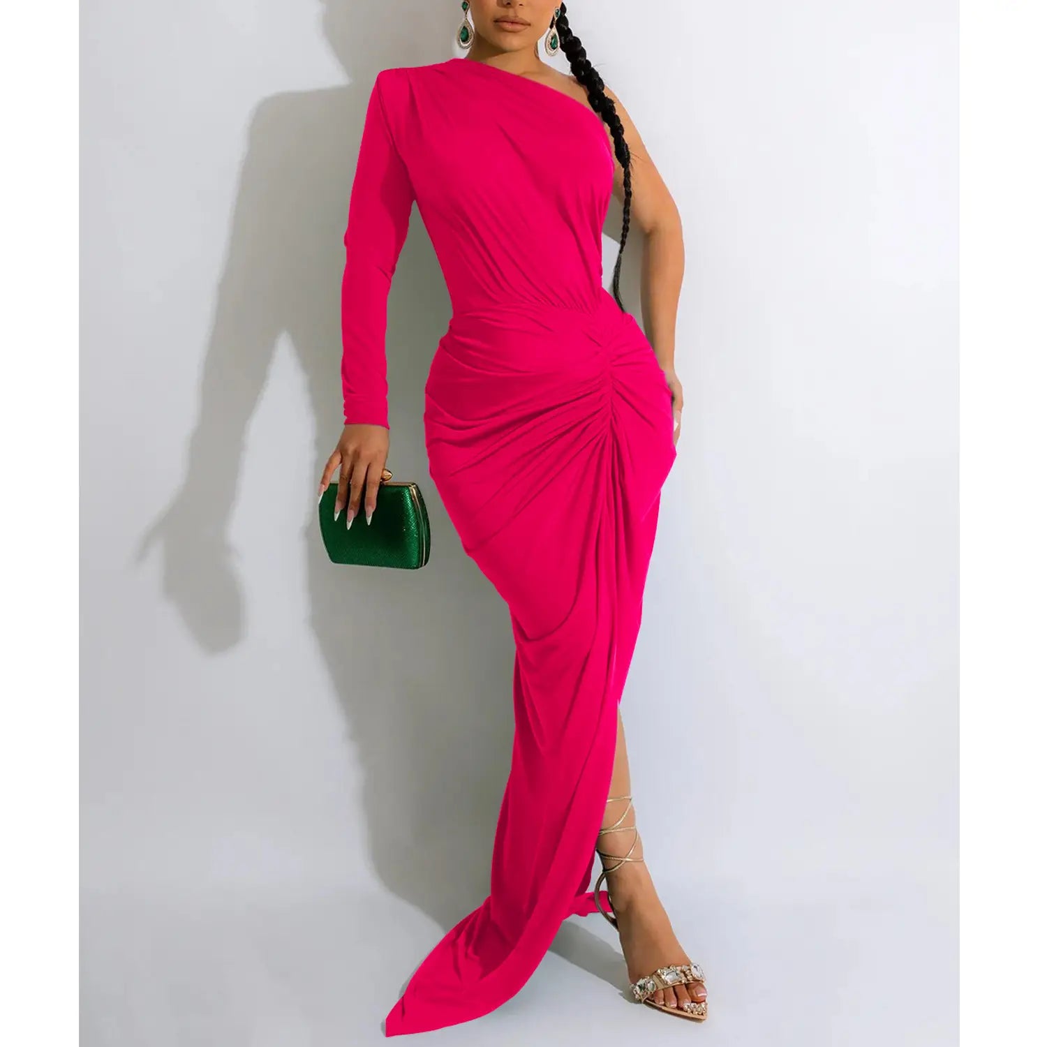 Fashion women’s solid color asymmetrical neck single long sleeve long dress with pleats