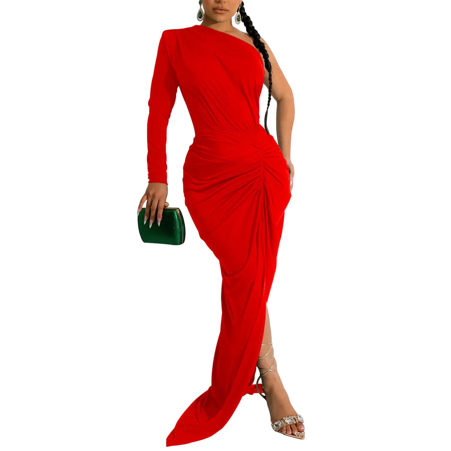 Fashion women’s solid color asymmetrical neck single long sleeve long dress with pleats