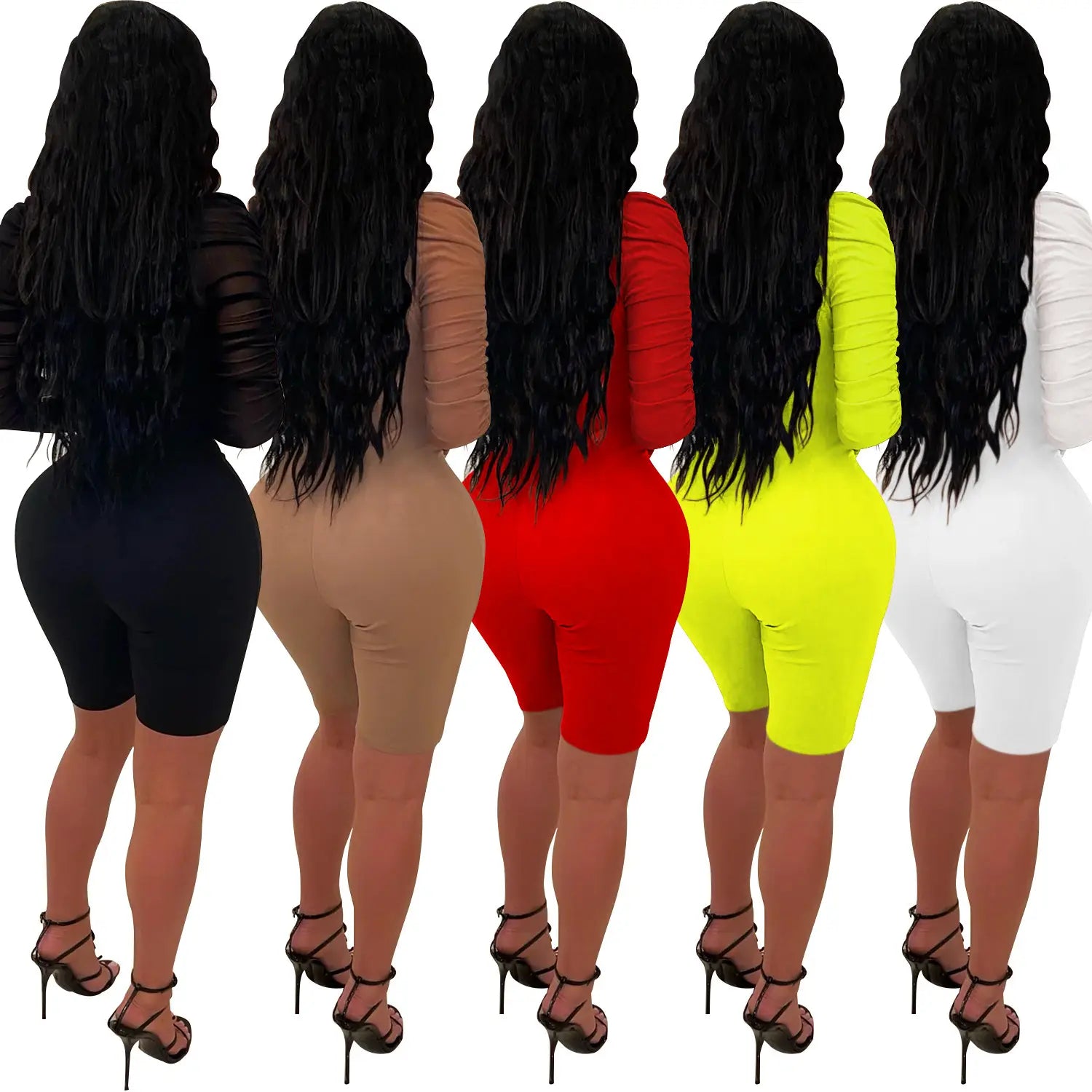 Fashion women’s solid color long sleeve short pants mesh sheer jumpsuit