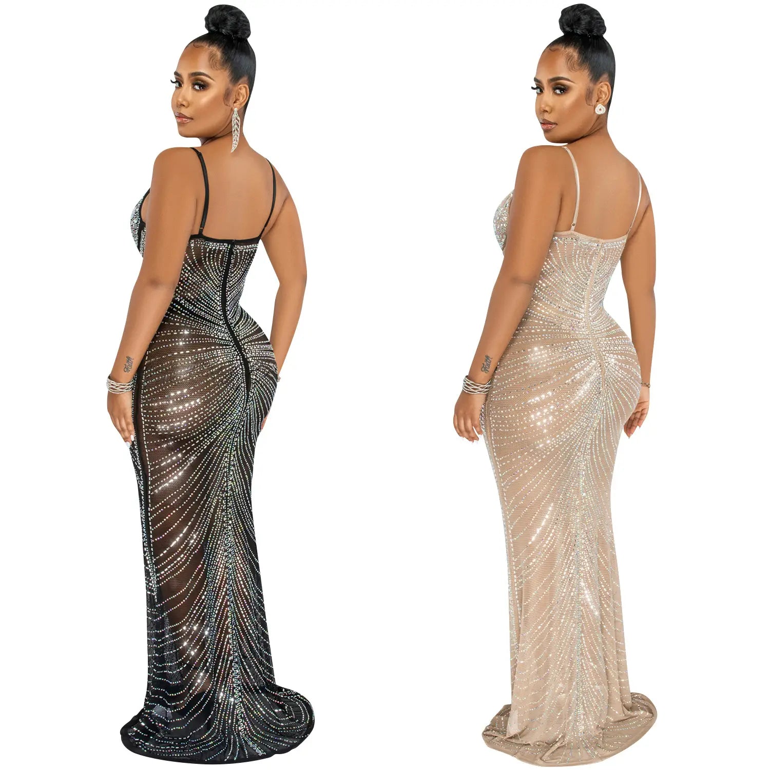 Fashion sexy beaded strapless sheer mesh long dress