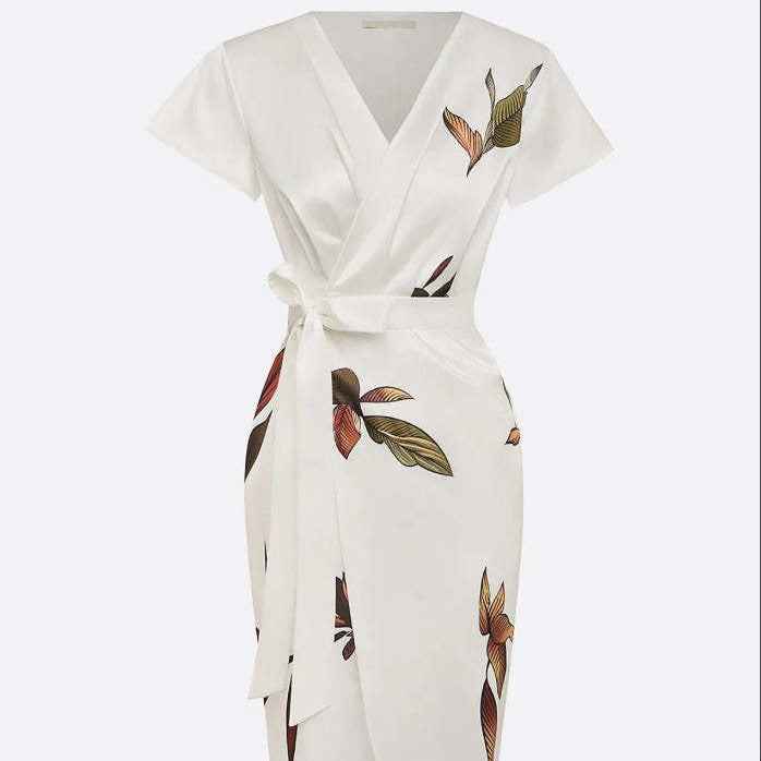 Fashion Satin Printed Belted Dress