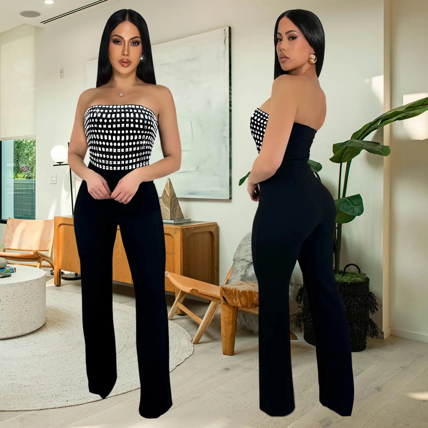 Style summer rhinestone bodysuit sexy strapless unique straight fit solid color long pants for women