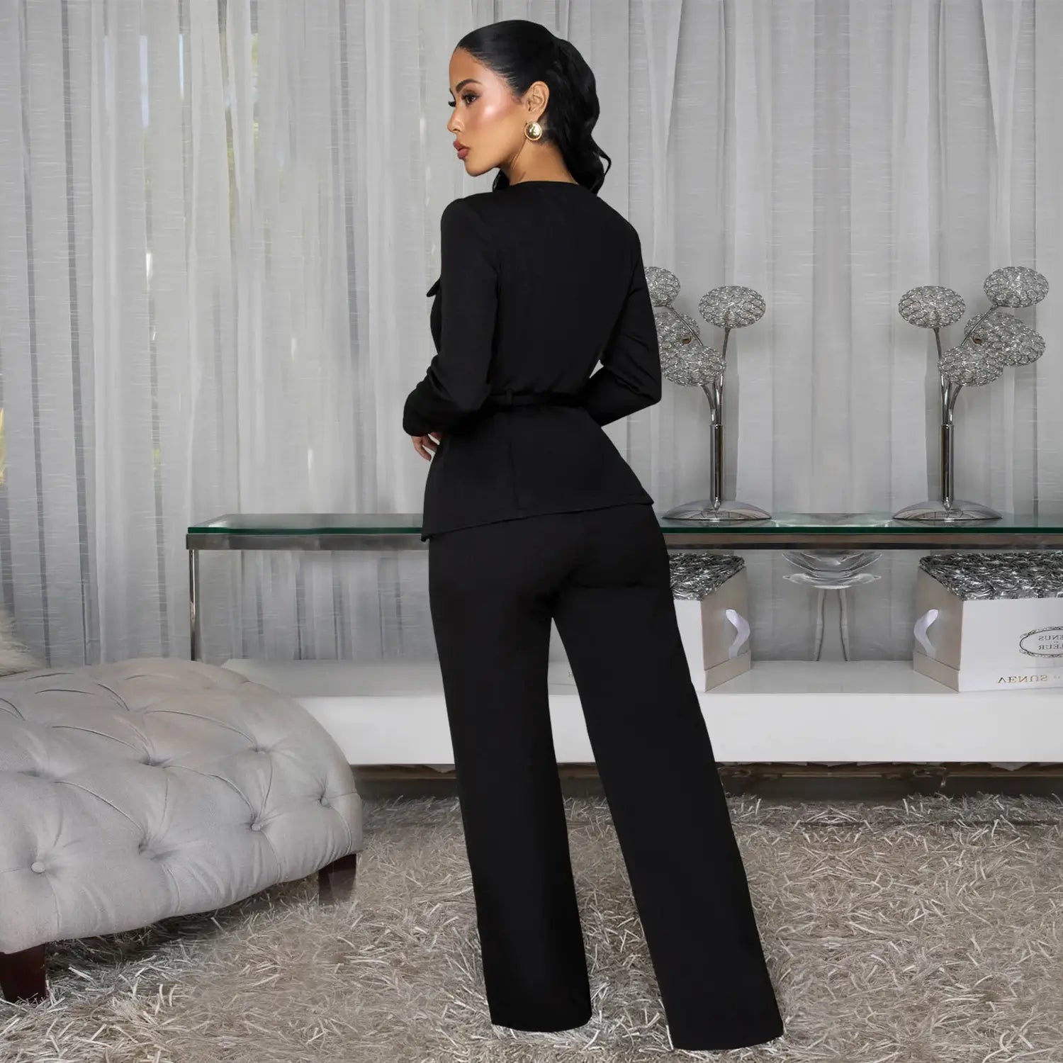 Fashionable women’s slimming belted top and pants set