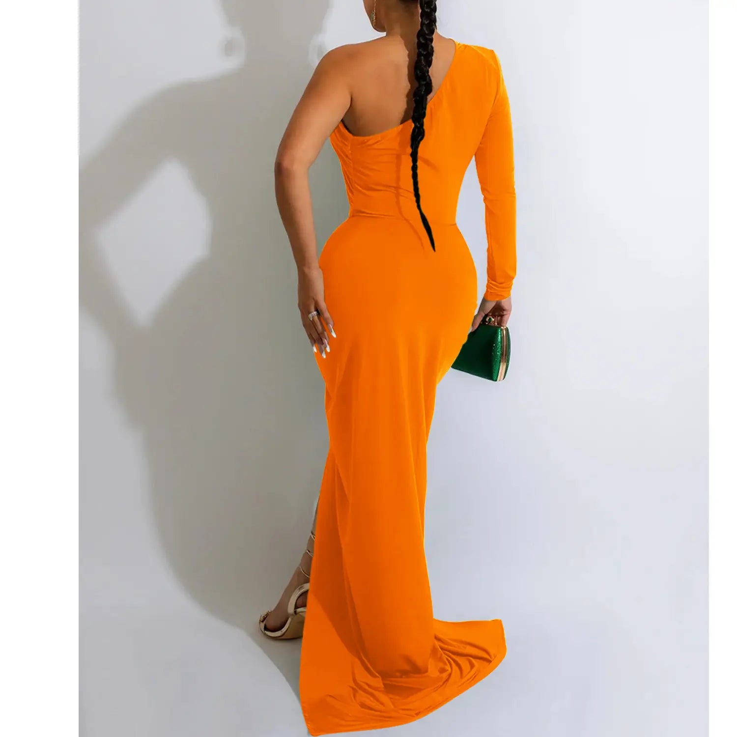 Fashion women’s solid color asymmetrical neck single long sleeve long dress with pleats